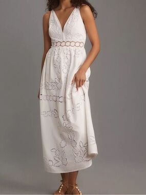 Vineet Bahl White Floral Lace Cutwork Sleeveless V-Neck Maxi Dress